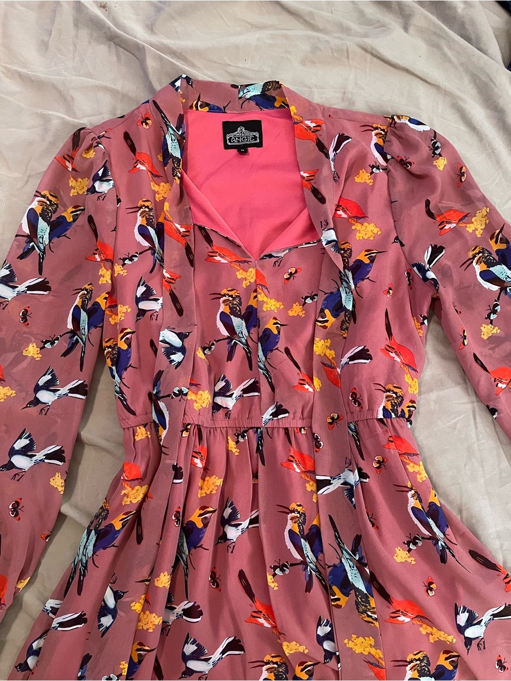 Angie Rose-Pink Bird Print Long Sleeve Dress